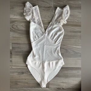 Bershka White Lace V-Neck Bodysuit